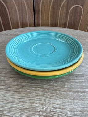 Vintage Three-Piece‎ Fiestaware Saucer Set in Turquoise, Yellow, and Green